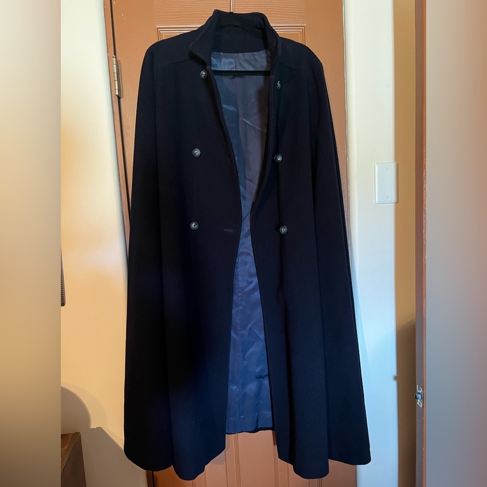 Vintage 1970s “Images and Accents” Navy Double Breasted 100% Wool Cape Coat